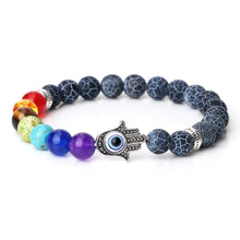 Spiritual 7 Chakra bracelet with Tiger Eye, Lava, Onyx, and Agate stone beads for energy alignment, meditation, and daily intention setting.
