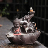 Zen Buddha spiritual backflow burner for prayer spaces, meditation practice, and calming incense cone use.