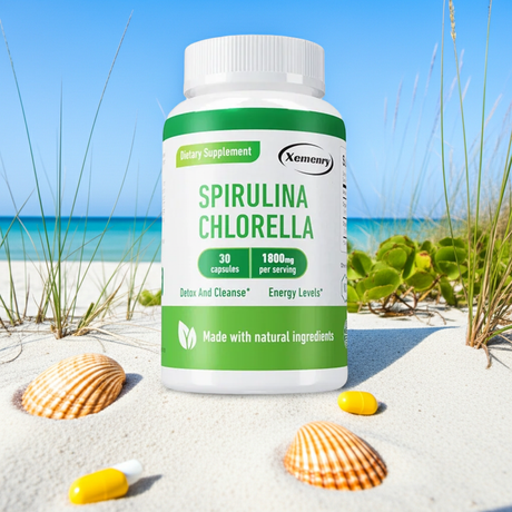 Spirulina Chlorella Capsules bottle for daily algae nutrition, superfood supplementation, and wellness support.