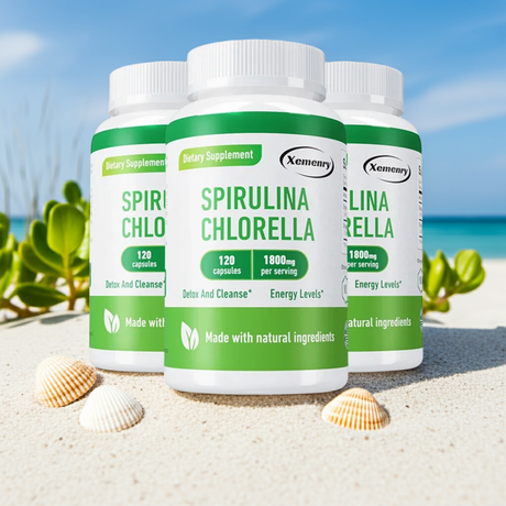 Spirulina Chlorella Capsules bottle for daily detox support, wellness maintenance, and routine supplement use.