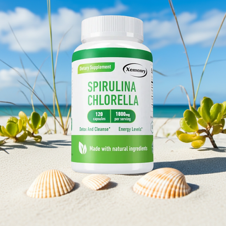 Spirulina Chlorella Capsules bottle for superfood wellness support, daily nutrient intake, and routine capsule use.