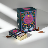 Sree Vani Golden India Patchouli backflow incense cones for home fragrance, meditation, and relaxation use.