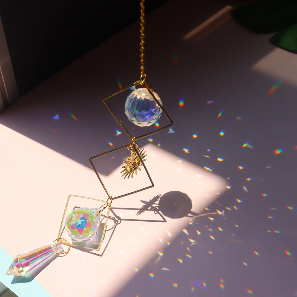Stained glass prism ball sun catcher for brightening windows, catching sunlight, and adding decorative sparkle.