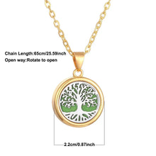 Stainless steel Tree of Life diffuser necklace pendant for essential oil aromatherapy and long-lasting fragrance wear.