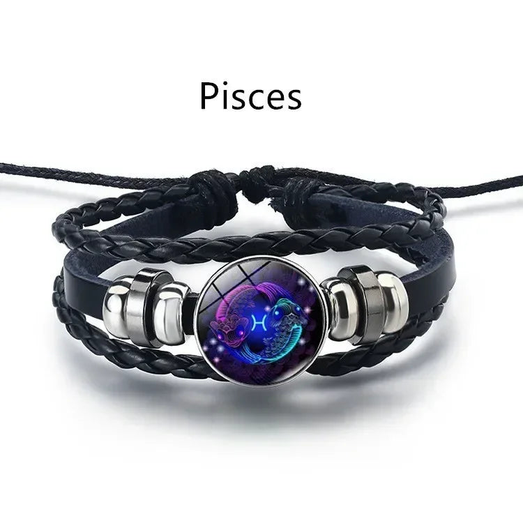 Star sign luminous leather bracelet for astrology-inspired wear, fashion accessorizing, and gift giving.