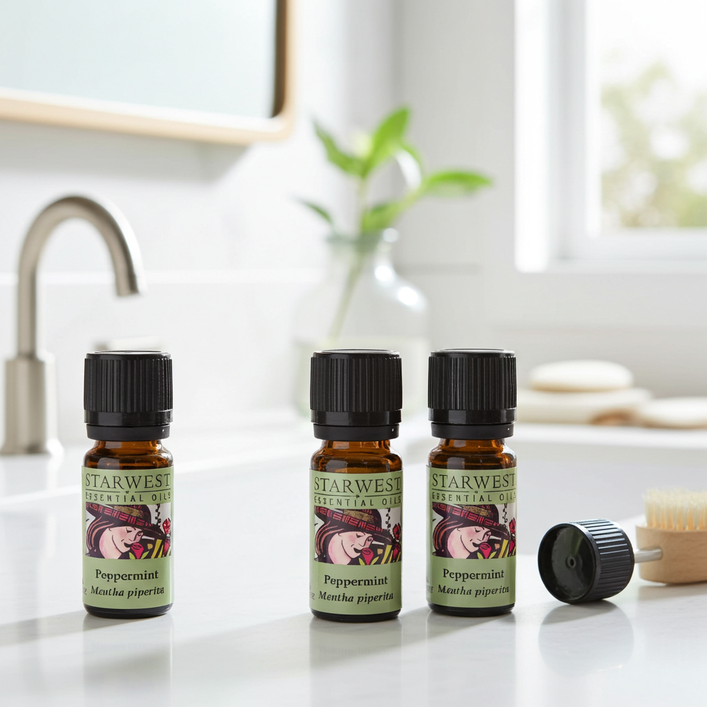 Starwest Botanicals peppermint essential oil dropper bottle for aromatherapy blends, focus support, and energizing home fragrance.