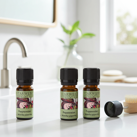 Starwest Botanicals Peppermint essential oil bottle for massage blends, aromatherapy, and cooling topical use when diluted.