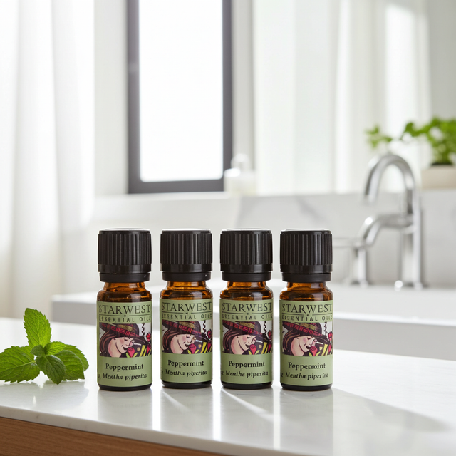Starwest Botanicals Peppermint essential oil bottle for aromatherapy, diffuser use, and refreshing home fragrance.