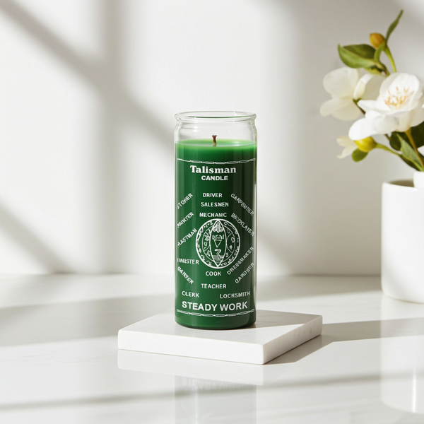 Steady Work green 1 color 7 day candle for job stability, career support, and steady work prayer use.