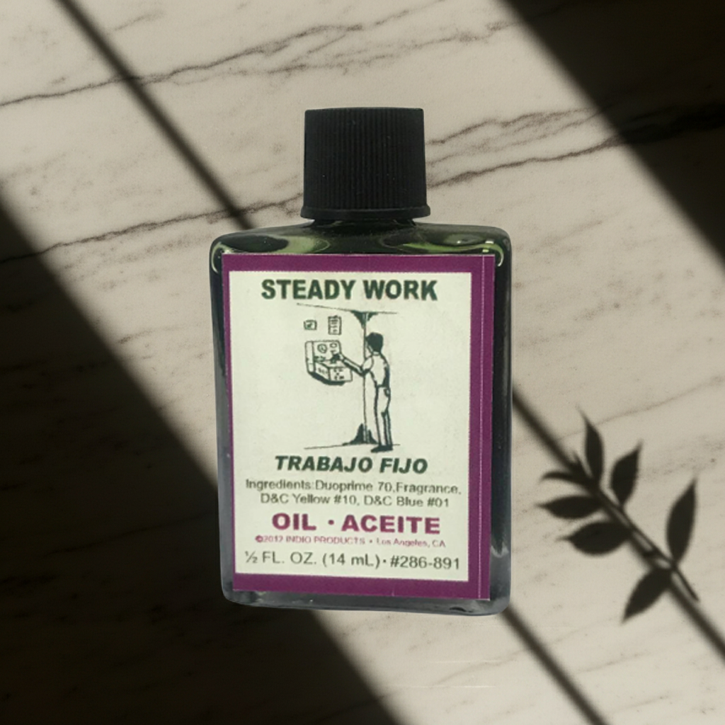 Steady Work Wish Oil ritual oil bottle for attracting a new job, steady income, and work opportunity prayers.