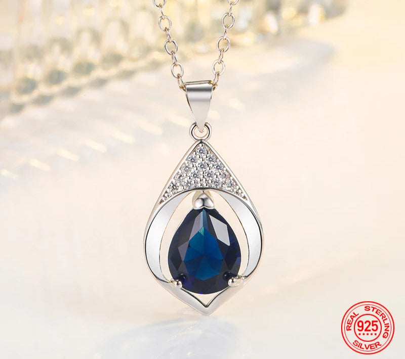 Sterling Silver Blue Crystal Teardrop Necklace pendant necklace for formal styling, evening wear, and jewelry gifting.