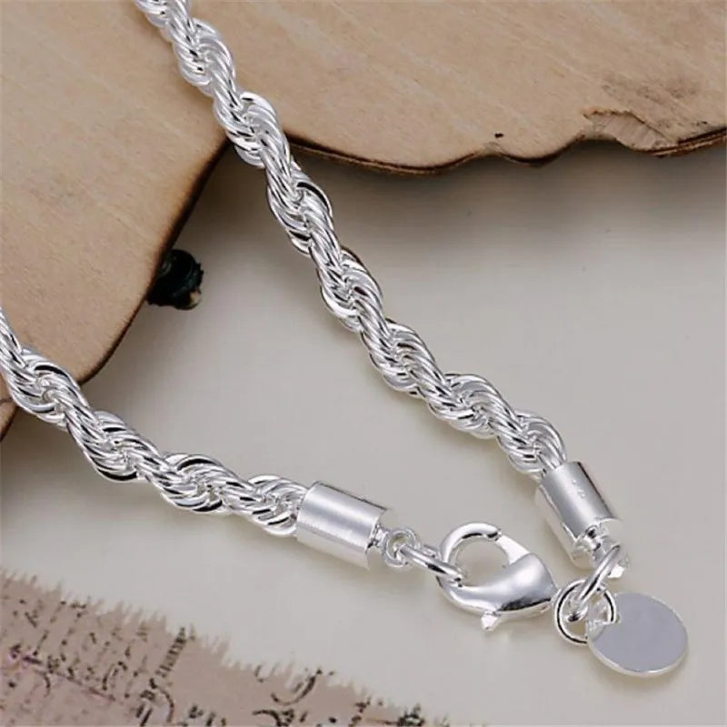 Sterling silver twisted rope chain bracelet in 4MM width for daily wear, stacking, and polished accessory styling.