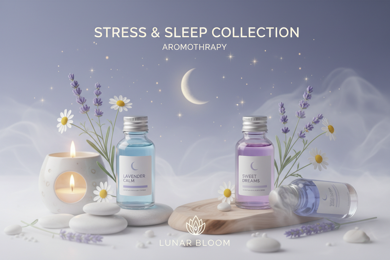 A styled product arrangement for the Lunar Bloom Stress & Sleep Collection aromothrapy. The scene features lavender and chamomile essential oil bottles, a lit white candle, and spa stones against a dreamy night sky background with a crescent moon and stars.
