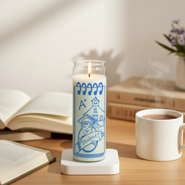 Student white 7 day candle in glass jar for study focus, school success, and spiritual intention work.