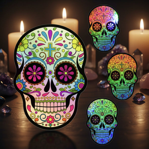 Sugar Skull holographic sticker, 4 x 2.8 inch decal for laptops, journals, and water bottles