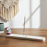 White Sugar Skull ceramic incense burner for burning incense sticks in spiritual practice, aromatherapy, and room cleansing.