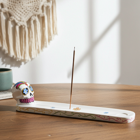 White Sugar Skull ceramic incense burner for burning incense sticks in spiritual practice, aromatherapy, and room cleansing.