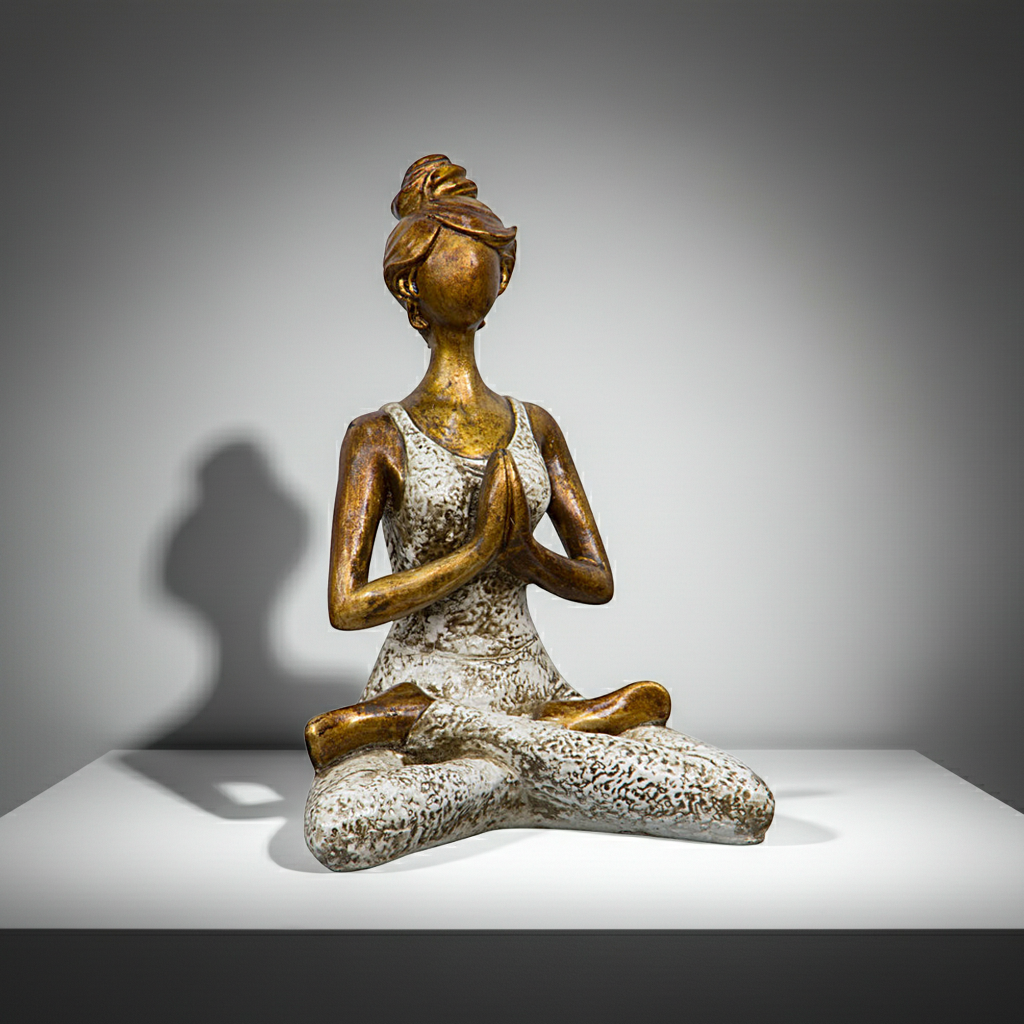 Sukhasana yoga statue in white resin for spiritual room decor, meditation practice areas, and serene shelf display.