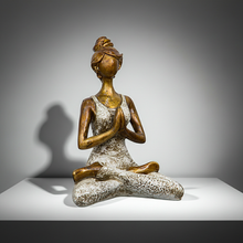 Sukhasana yoga statue in white resin for spiritual room decor, meditation practice areas, and serene shelf display.