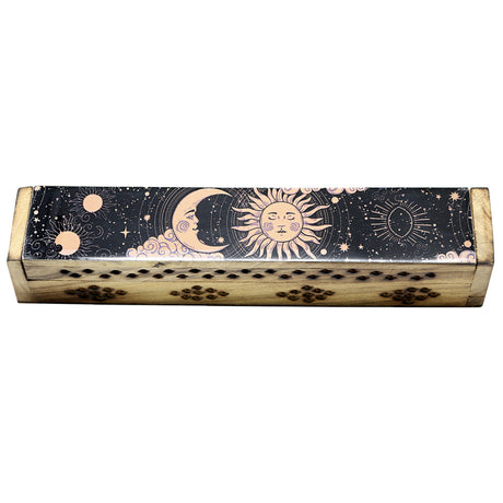 Sun and Moon Wooden Coffin Box incense burner for holding incense sticks during meditation, relaxation, and spiritual use.