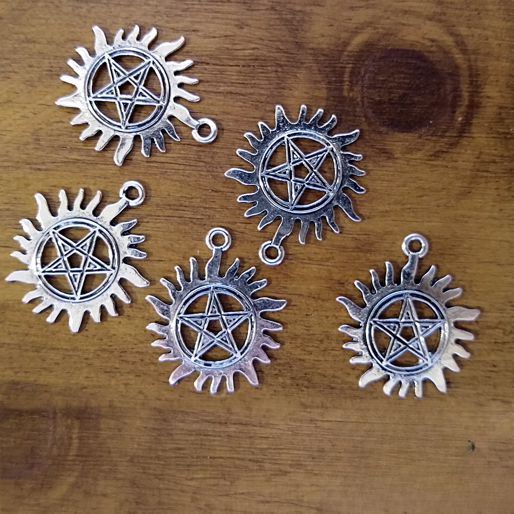 Sun and Pentacle Charm pendant for jewelry making and altar decoration