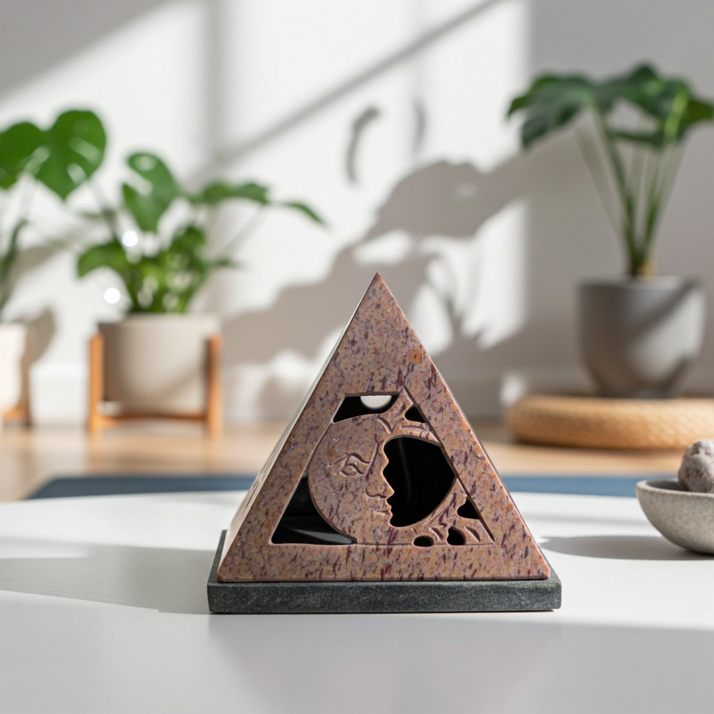 Sun & Moon Pyramid Cone Burner detail showing hand-carved sun and quartered moon motifs on soapstone.