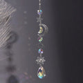 Suncatcher Crystal Star and Moon wall hanging with crystal accents for window décor, light reflection, and home decoration.