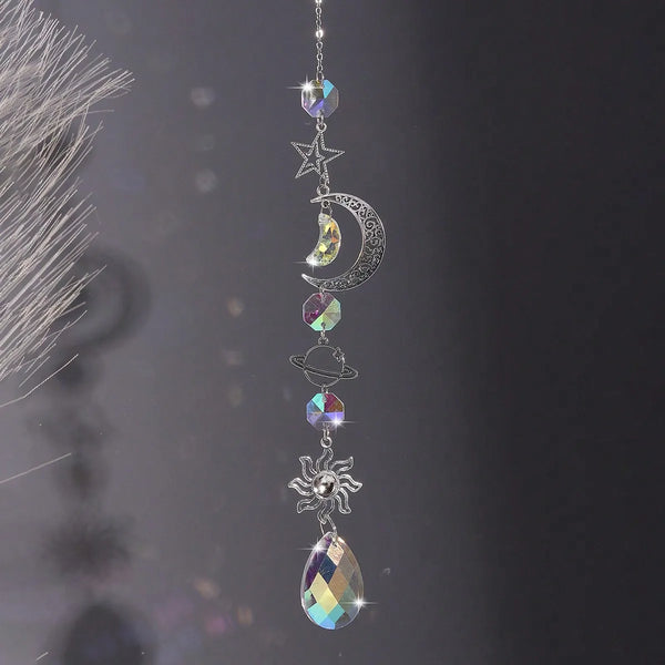 Suncatcher Crystal Star and Moon wall hanging with crystal accents for window décor, light reflection, and home decoration.
