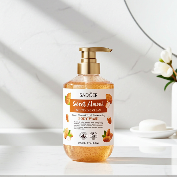 Sweet Almond Whitening Body Wash bottle for daily skin brightening, gentle body cleansing, and routine bathing use.