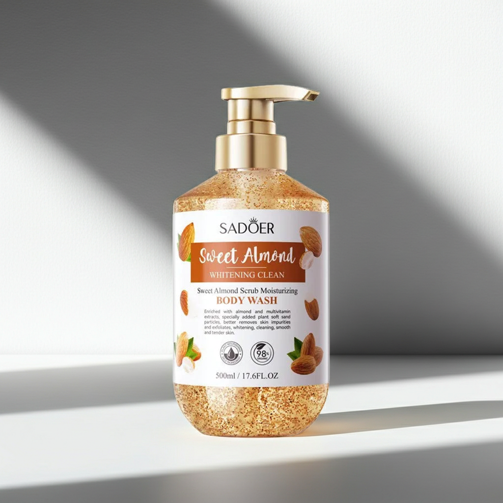 Sweet Almond Whitening Body Wash bottle for radiant skin support, body cleansing, and everyday shower routine use.