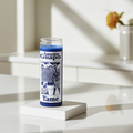 Tame blue 7 day candle in glass jar for spiritual control, calming work, and ritual use.