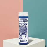 Tame blue spiritual candle in tall glass for peaceful energy, control work, and ritual use.