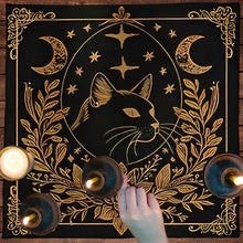 Tarot altar cloth with moon and pentagram design as a fabric reading mat for tarot spreads, divination, and ritual table use.
