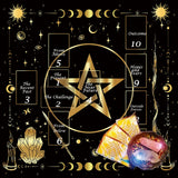 Tarot altar cloth with moon phases and pentagram design for card reading, divination practice, and altar use.