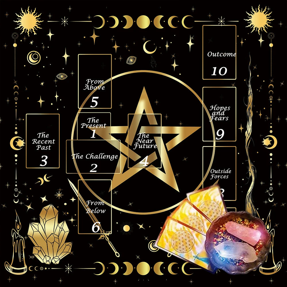 Tarot altar cloth with moon phases and pentagram design for card reading, divination practice, and altar use.