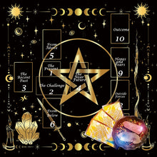 Tarot altar cloth with moon phases and pentagram design for card reading, divination practice, and altar use.