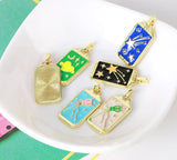 Tarot card charm enamel pendant for layered jewelry styling, symbolic use, and mystical fashion looks.