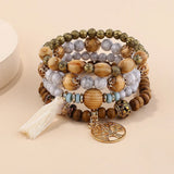 Tassel wooden bead bracelet set for women for boho fashion, everyday accessorizing, and layered bracelet styling.