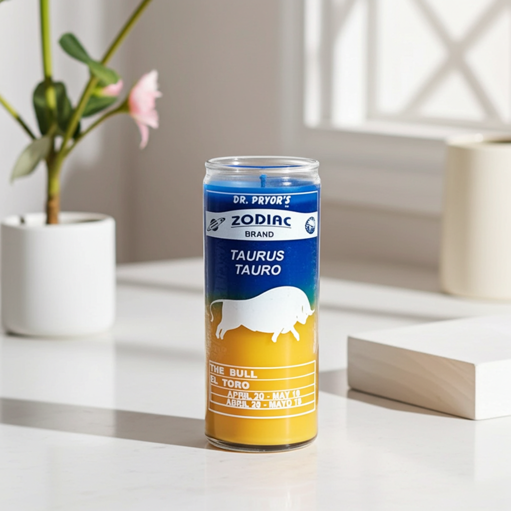 Taurus astrology 7 day candle glass candle for zodiac rituals, manifestation work, and spiritual focus.