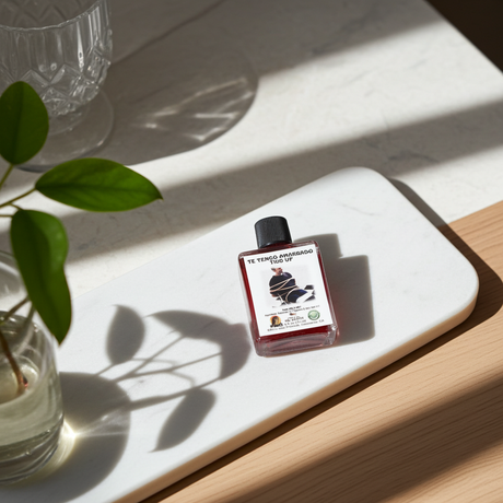 Te Tengo Amarrado Wish Oil bottle for love binding, focused intention, and ceremonial practice.