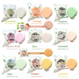 Collection of solid shampoo bars including Tea Tree Essential Oil Shampoo Soap Bar with packaging labels on white background.