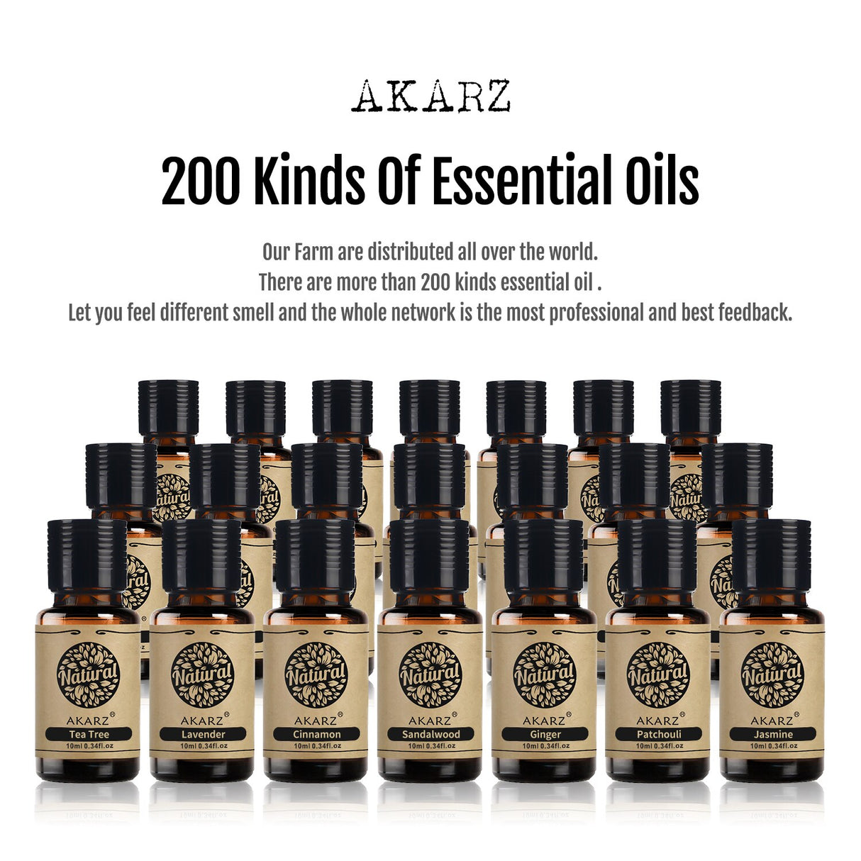 Akarz essential oils with a white background