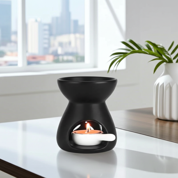Black Ceramic Tealight Wax & Oil Burner oil warmer for scented oils, wax melts, and creating a cozy home fragrance setting.