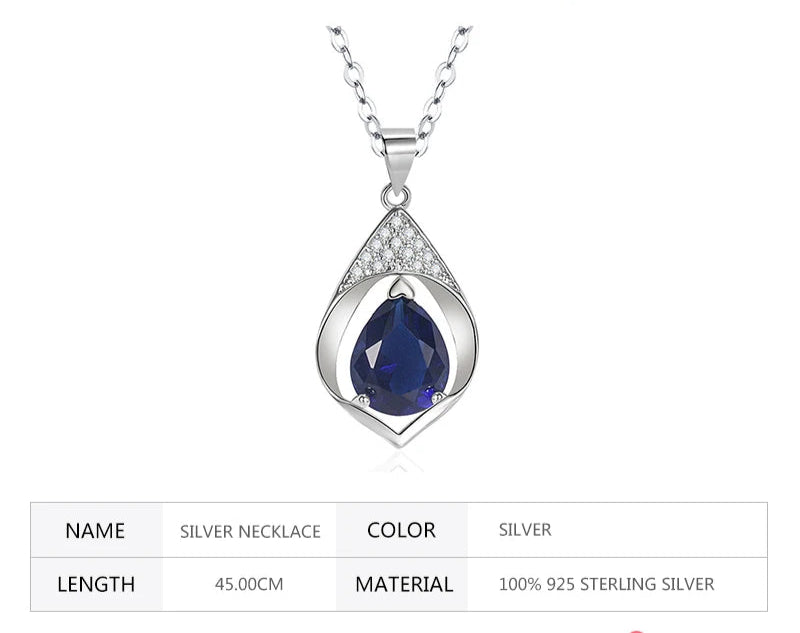 Teardrop Blue Crystal Necklace in sterling silver pendant form for elegant accessorizing, gifting, and daily wear.