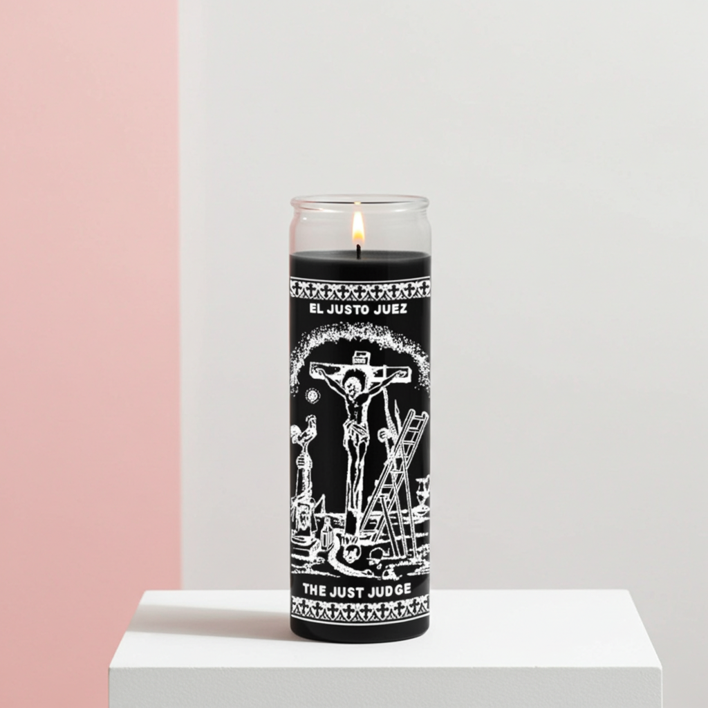 The Just Judge black glass candle for devotional use, court case prayer, and spiritual work for justice and protection.