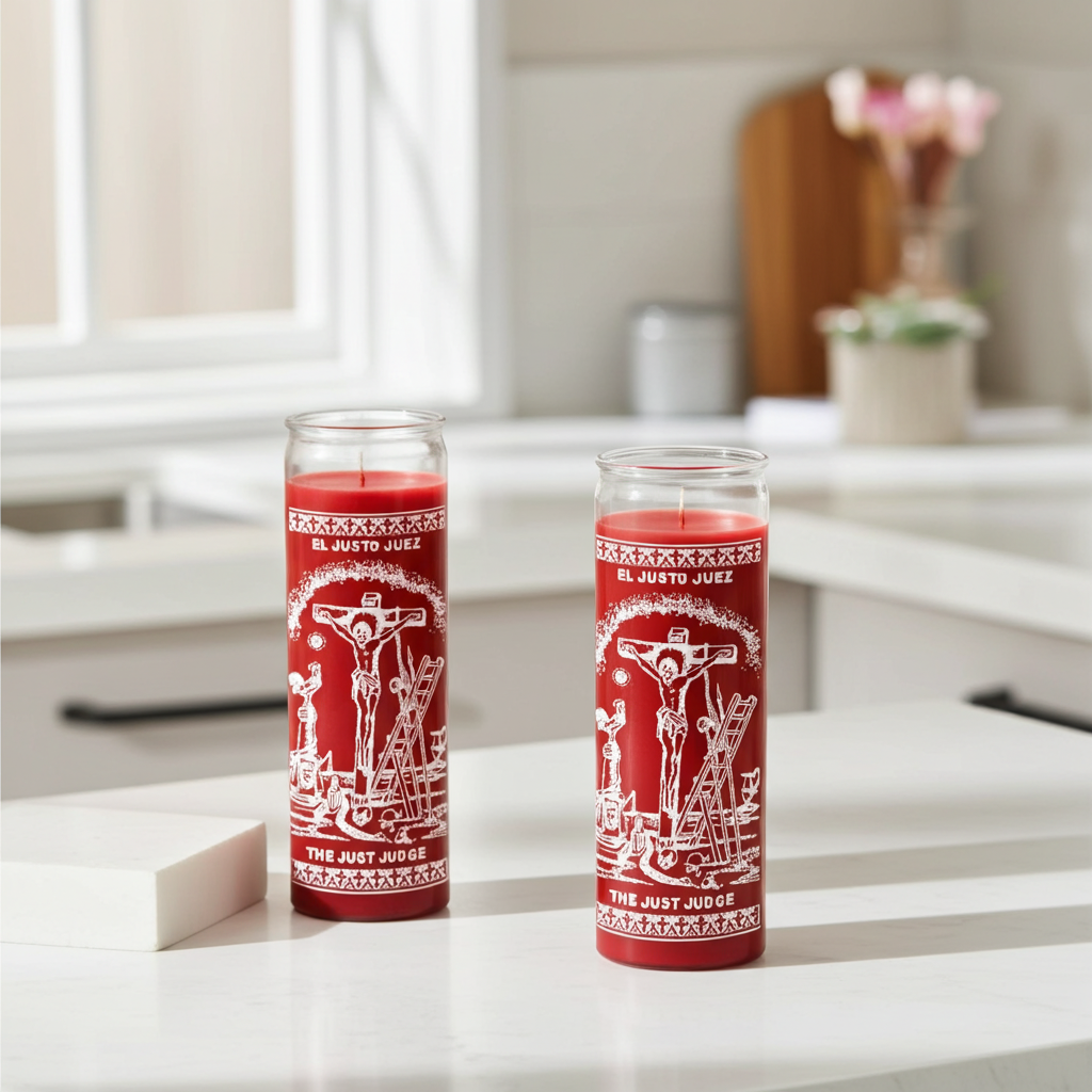 The Just Judge red prayer candle in glass container for courtroom prayers, justice work, and devotional use.