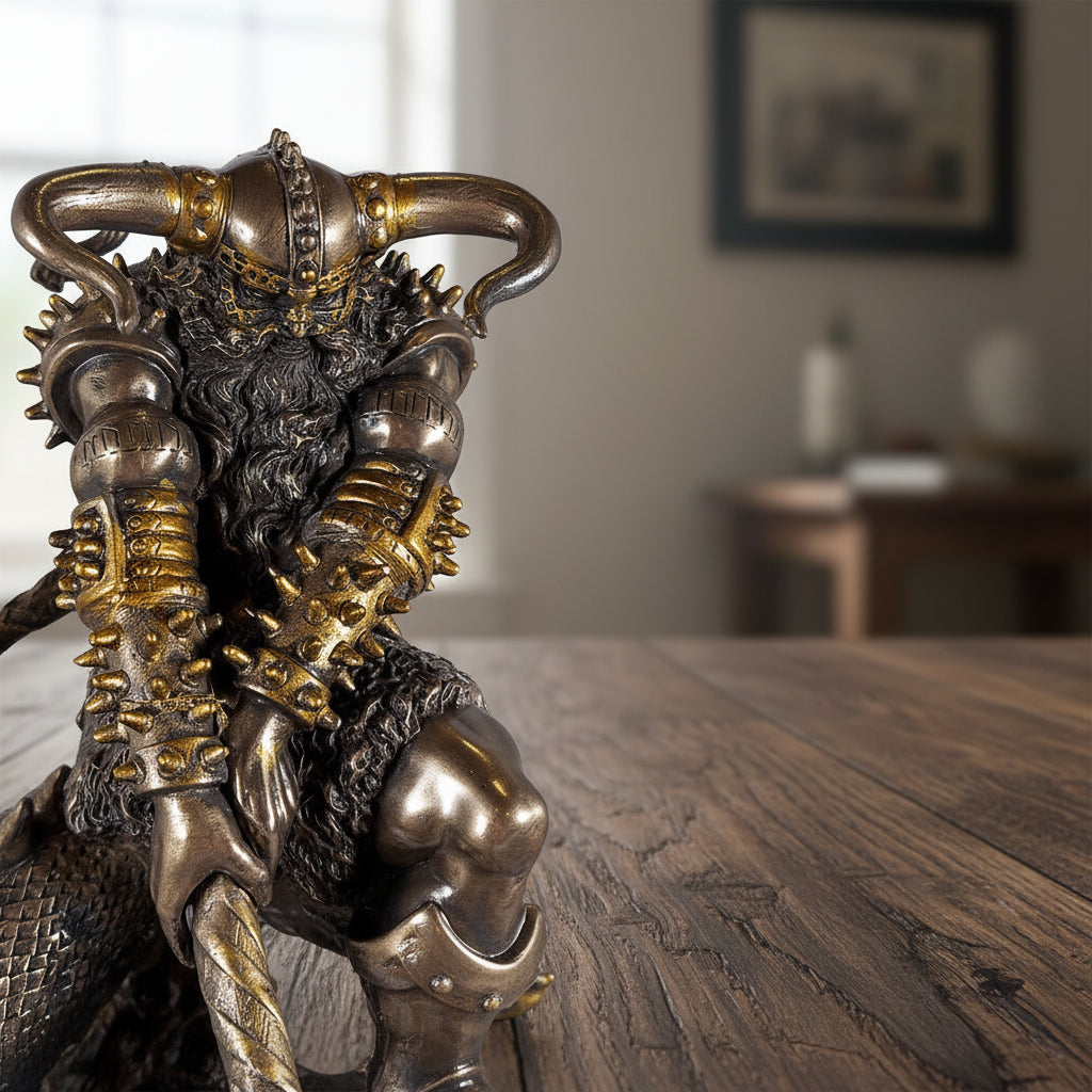 Thor battling Midgard serpent statue with hammer for Norse legend decor, shelf display, and themed room decoration.