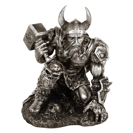 Thor God of Thunder statue wielding Mjolnir hammer for Norse mythology decor, altar display, and collector use.