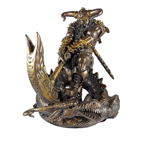 Thor Slaying Midgard Dragon With Mjolnir Hammer statue for Norse mythology decor, collector display, and fantasy home styling.
