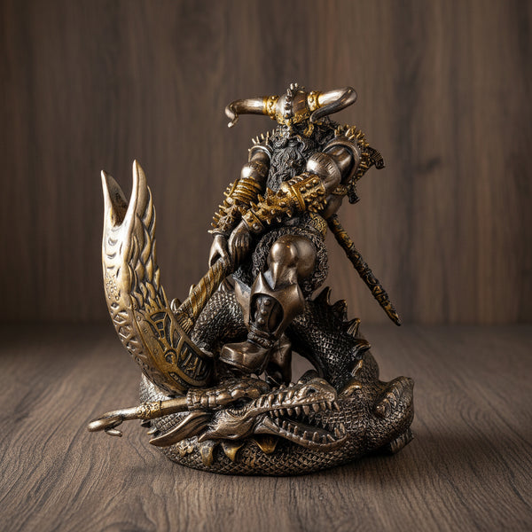 Thor Slaying Midgard Dragon With Mjolnir Hammer statue for Norse mythology decor, collector display, and fantasy home styling.